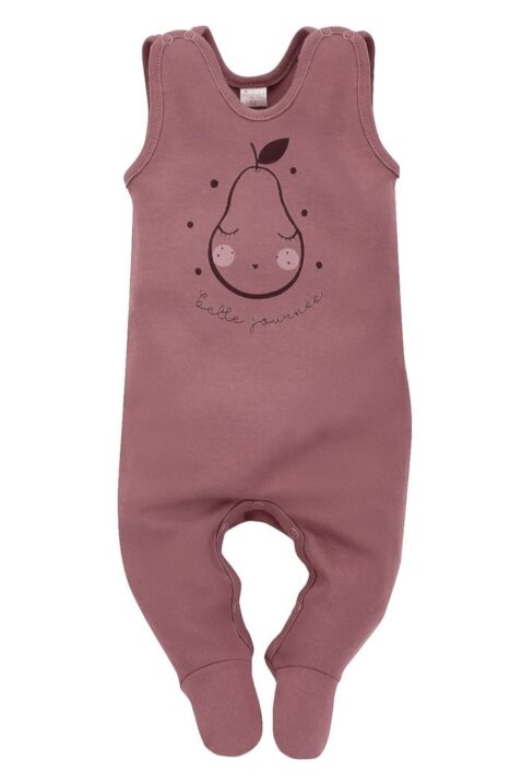 Baumwoll Baby Strampler mit Füßen + Birnen-Print für Mädchen in Altrosa - Strampelanzug Einteiler mit Druckknöpfen von PINOKIO - Vorderansicht