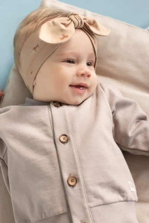 Baby Kinder Sweatjacke in Beige aus 100% Bio-Baumwolle mit Rippbündchen für Mädchen und Jungen + Schleifen Ohrenwärmer in Braun von PINOKIO - Inspiration Babyfoto