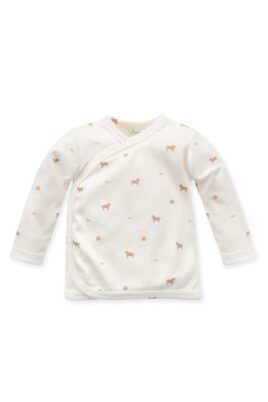 PINOKIO Kinder Baby Wickelshirt in Ecru-Weiß mit Druckknopf-Verschluss – Langarm Shirt mit Pferde und Apfel-Print für Mädchen + Jungen – Vorderansicht