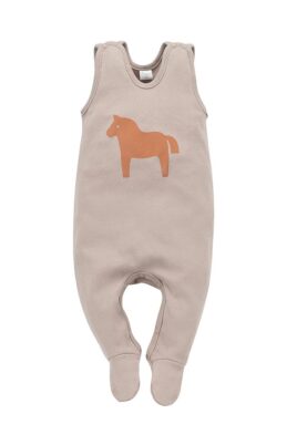 PINOKIO Baby Kinder Baumwoll Strampelanzug mit Füßen + Pony Motiv für Mädchen + Jungen – Schlafstrampler in Beige mit Druckknöpfen – Vorderansicht