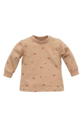 PINOKIO Baby Kinder Unisex Sweatshirt in Karamell-Braun mit Pony-Apfel Muster + Rippbündchen – Baby Langarm Oberteil mit Rundhalsausschnitt – Vorderansicht
