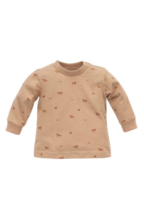Baby Kinder Unisex Sweatshirt in Karamell-Braun mit Pony-Apfel Muster + Rippbündchen - Baby Langarm Oberteil mit Rundhalsausschnitt von PINOKIO - Vorderansicht