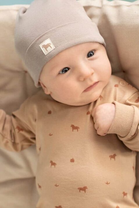 Baby Kinder Unisex leichtes Rundhals Sweatshirt in Hellbraun mit Pony-Muster und Rippbündchen aus Bio-Baumwollmischung + Babymütze in Beige für Mädchen und Junge von PINOKIO - Inspiration Babyfoto