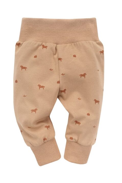 Unisex Baby Kinder Leggings in Karamell-Braun mit Pferden und Äpfeln gemustert - Lässige Pumphose mit geripptem Komfortbund von PINOKIO - Vorderansicht