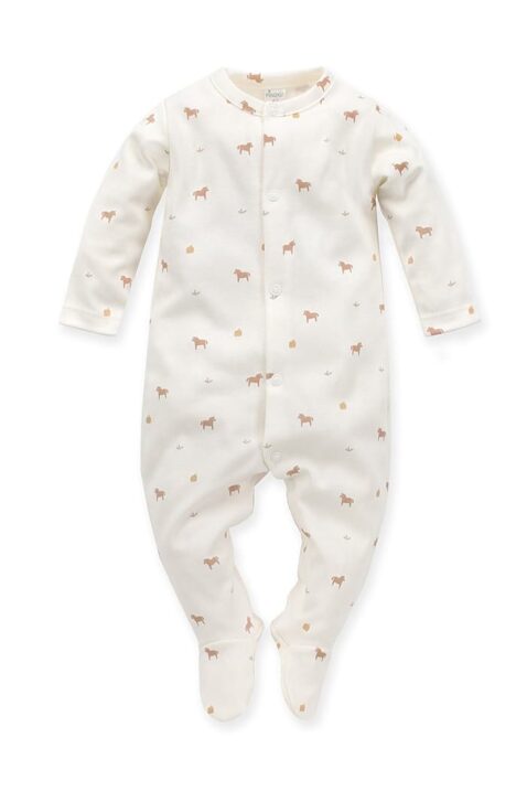 Baby Baumwoll Schlafoverall in Ecru-Weiß mit Füßen + braunem Pony-Apfel Muster für Mädchen und Jungen - Kinder Sleepsuit mit Druckknöpfen von PINOKIO - Vorderansicht