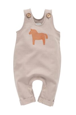 PINOKIO Baby Kinder Latzhose in Beige mit Pony Print und Druckknöpfen – Stylische Baby Trägerhose mit Rundhals für Mädchen und Jungen – Vorderansicht