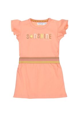 DIRKJE orange rosa Kinder Babykleid mit Schmetterlingsärmeln, Rüschen, Rundhals, elastischem Bund, SUNSHINE Print – unifarben Sommerkleid hellrosa – Vorderansicht