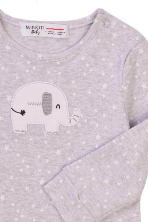 Kinder Baby Sweatshirt Pullover in Grau mit Elefant Elephant Motiv & Sterne gemustert - Jungen Rundhalsausschnitt Baumwolloberteil hellgrau von Minoti - Detailansicht