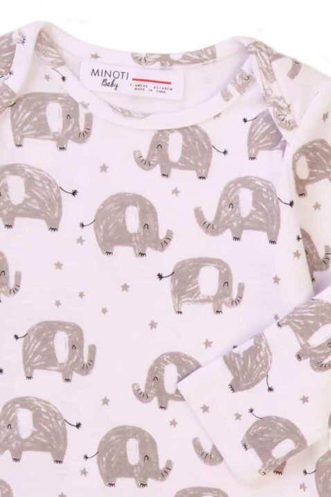 Baby Langarmbody mit Elefanten gemustert in weiß für Jungen - Kinder Baumwolle Tierbody mit langen Ärmeln Schlupfkragen von Minoti - Detailansicht