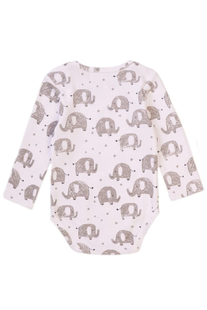 Niedlicher Baby Body langarm mit Elefanten 🐘 Weiß-Grau | SKYLT