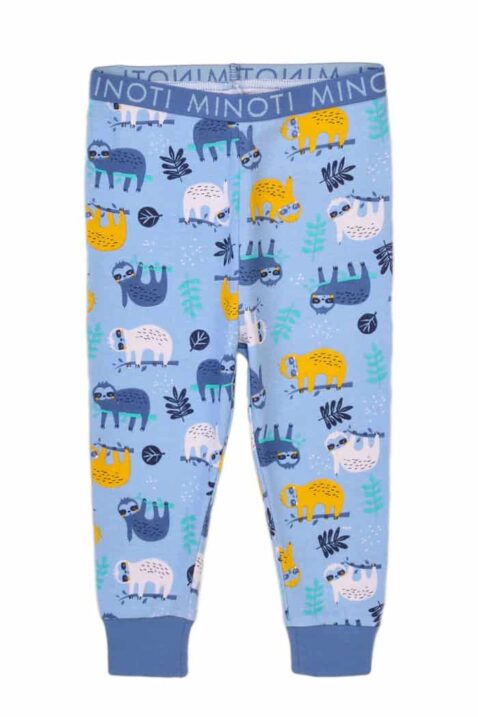 Jungen Kinderschlafanzug in Hellblau mit Schlupfhose & Oberteil Faultiere gemustert - Baby Sloth Baby Pyjama Nachtwäschem it Tiermotiven von Minoti - Vorderansicht Schlafhose