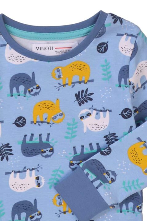 Blauer Kinder Schlafanzug mit Faultieren für Jungen - Baby Sloth Pyjama mit langen Ärmeln & Tiermotiven in Hellblau von Minoti - Detailansicht Oberteil