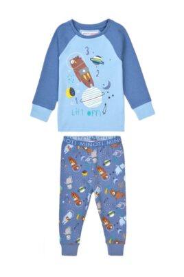 Minoti blauer Baby Kinder Langarm Schlafanzug mit Bären im Weltall, Planeten & Sterne gemustert aus Baumwolle für Jungen – Bear Pyjama hellblau – Vorderansicht