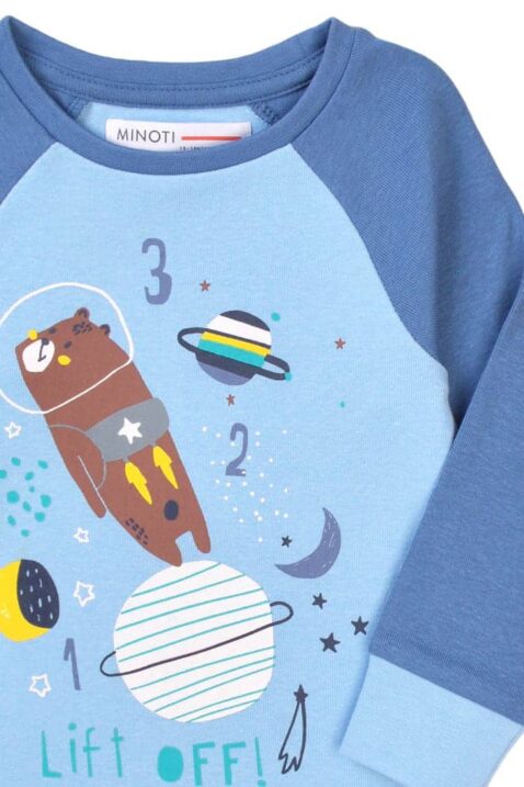 Blauer Kinder Schlafanzug mit Bären Astronaut im Weltall für Jungen - Baby Bear Pyjama mit langen Ärmeln & Tiermotiven in Hellblau von Minoti - Detailansicht Oberteil