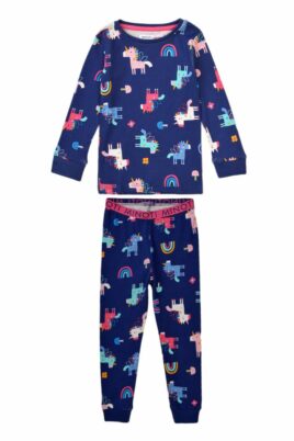 Minoti blauer Kinder Langarm Schlafanzug mit Einhörner & Regenbogen gemustert aus Baumwolle für Mädchen – Unicorn Rainbow Pyjama dunkelblau – Vorderansicht