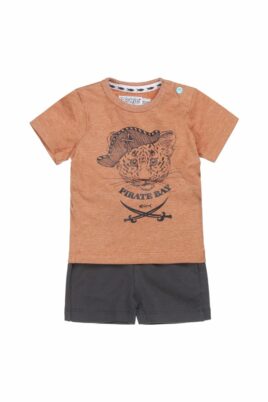 DIRKJE 2er Babyset T-Shirt kurzarm mit Panther Piratenhut & PIRATE BAY Print in Rostbraun – Graue Kinder Shorts mit Taschen für Jungen – Vorderansicht