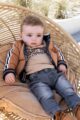 Leicht gefütterte Kinder Baby Wendejacke Blouson für Jungen mit Palmen gemustert & Kontrast Streifen von DIRKJE - Babyfoto Camelbraune Babyjacke