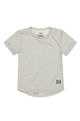 Hellgrün-weiß gestreiftes Baby Kinder T-Shirt kurzarm mit Logo Print & Rundhalsausschnitt für Jungen Basic von Koko Noko - Vorderansicht