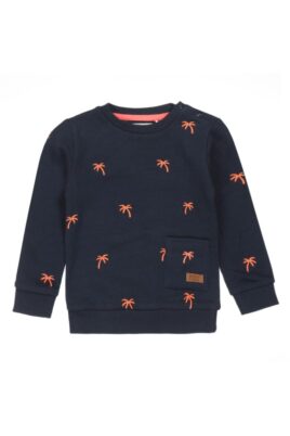 Koko Noko Dunkelblaues Baby Kinder Sweatshirt mit Tasche, Palmen gemustert & Rundhalsausschnitt Baumwollpikee für Jungen – Sommerpullover Vorderansicht
