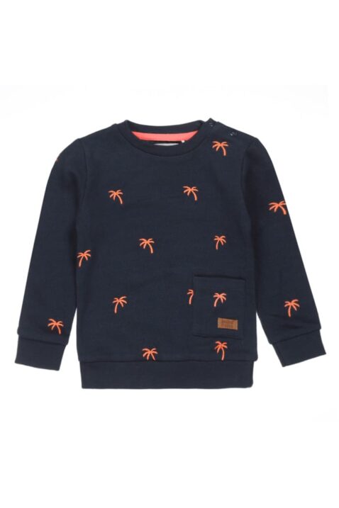 Dunkelblaues Baby Kinder Sweatshirt mit Tasche, Palmen gemustert & Rundhalsausschnitt Baumwollpikee für Jungen von Koko Noko - Sommerpullover Vorderansicht
