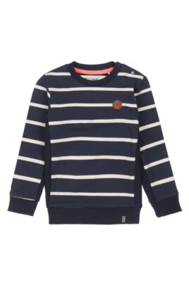 Koko Noko Dunkelblauer Baby Kinder Pullover Sweatshirt mit Streifen weiß aus Baumwolle für Jungen – Marineblaues Oberteil Vorderansicht