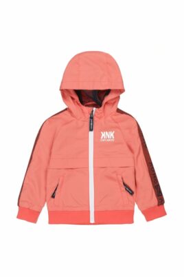 Koko Noko Koralle Orange Baby Kinder Windbreaker Jacke mit Kapuze, Taschen & Logo Streifen für Jungen – Übergangsjacke Vorderansicht