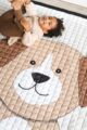 Baby Kinder 150x200 cm Indoor & Outdoor Spieldecke Krabbeldecke mit Hunde Motiv von Love by Lily - Playmat Draufsicht mit lachendem Jungen liegend auf dem Rücken