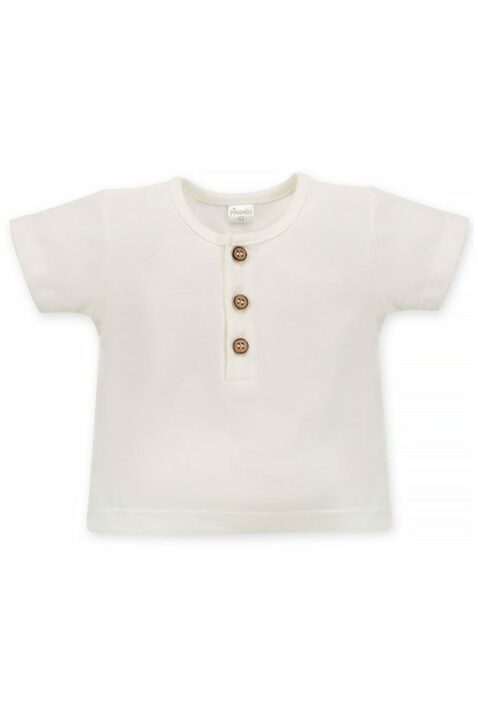 Baby & Kinder Sommer Rundhals T-Shirt mit Knopfleiste aus Holzknöpfen Basic für Jungen in Weiß aus Baumwolle von Pinokio - Vorderansicht Sommershirt
