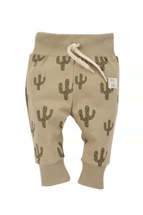 Baby & Kinder Leggings Sweathose mit Kakteen gemustert & FREE SOUL Patch für Jungen in Khaki braun aus Baumwollmix von Pinokio - Vorderansicht Schlupfhose
