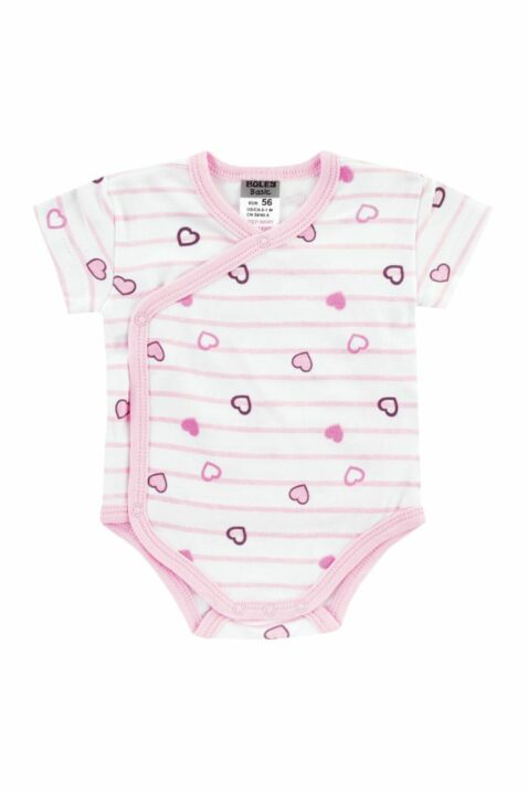 Baby 3er Babyset Kurzarm Wickelbody mit Herzen gemustert & weiß rosa Streifen für Sommer aus Baumwolle von Boley - Vorderansicht Herzmuster Mädchenbody