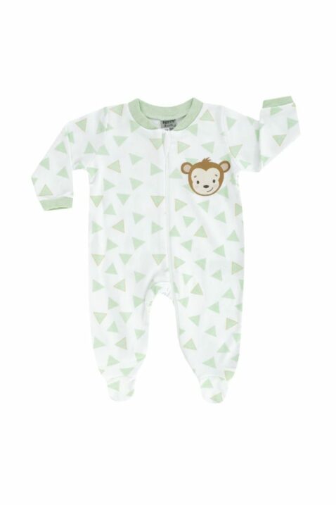 2 teiliges Sommer Babyset langarm Schlafstrampler mit Füßen, Affe & Dreiecke in weiß grün für Mädchen & Jungen aus Baumwolle von Boley - Vorderansicht Safari Einteiler Affe