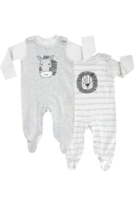 Boley Baby 2er Set Strampler mit Fuß & Langarmshirts in weiß graumeliert – Löwe, Zebra, Streifen & unifarben – Vorderansicht Jungen & Mädchen Strampelanzug Einteiler Babyset