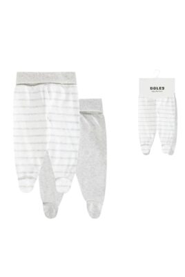 Boley Baby 2er Set Strampelhose mit Fuß breitem Bund Umschlag, weiß grauen Streifen & unifarben graumeliert für Jungen & Mädchen – Vorderansicht Softbundhosen mit Füßen