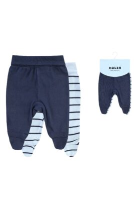 Boley Baby 2er Set Strampelhose mit Fuß breitem Bund Umschlag, hellblaue Streifen & unifarben dunkelblau für Jungen – Vorderansicht Softbundhosen mit Füßen