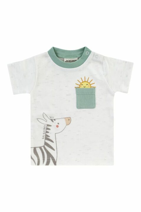 Baby & Kinder T-Shirt mit Tasche, Sonne, Zebra Safari Motiv in weiß meliert für Jungen & Mädchen von Jacky - Voderansicht Sommershirt
