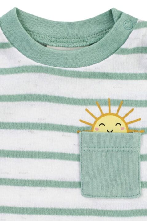 Jungen & Mädchen Baby Kinder kurzarm Streifen T-Shirt mit Tasche & strahlender Sonne in weiß hellgrün für Sommer von Jacky - Detailansicht Brusttasche & Sonne