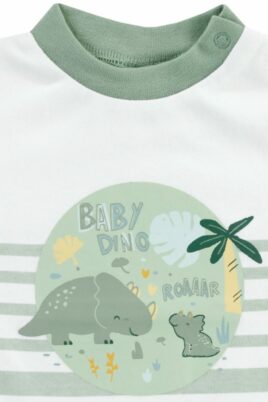 Baby & Kinder Jungen Sommer gestreiftes Kurzarmshirt mit Dinosaurier & Ärmelschlaufen in weiß grün von Jacky - Detailansicht Dino Tiermotiv & Rippbündchen