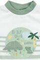 Baby & Kinder Jungen Sommer gestreiftes Kurzarmshirt mit Dinosaurier & Ärmelschlaufen in weiß grün von Jacky - Detailansicht Dino Tiermotiv & Rippbündchen