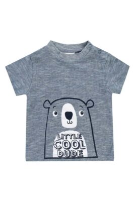 Jacky Baby & Kinder meliertes blaues T-Shirt kurzarm mit Bär & LITTLE COOL DUDE Print für Jungen Baumwollmischung – Vorderansicht Sommershirt
