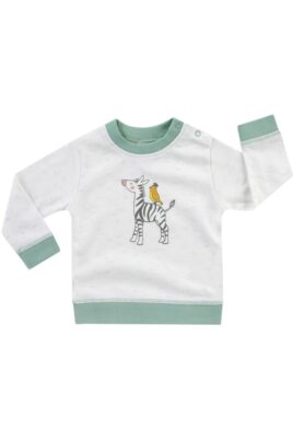 Baby & Kinder Leichtes Sweatshirt langarm mit Safari Motiv Zebra & Vogel in weiß grün meliert mit Bündchen für Jungen & Mädchen von Jacky - Voderansicht Langarmshirt