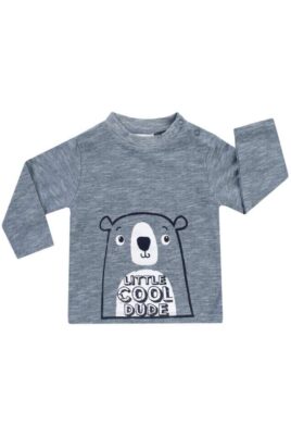 Jacky Baby & Kinder meliertes weiss blaues Langarmshirt mit Bär & LITTLE COOL DUDE Print für Jungen Baumwollmischung – Vorderansicht Sommershirt langarm