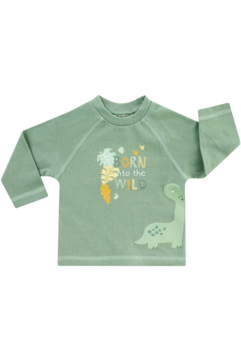 Baby & Kinder Langarmshirt Oberteil mit Dinos & Print BORN INTO THE WILD in grün khaki aus Öko-Tex® Standard 100 Baumwolle für Jungen von Jacky - Voderansicht Sommershirt