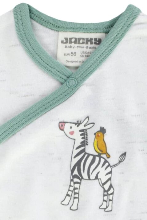Jungen & Mädchen Baby Kurzarmbody Wickelbody kurzarm weiß hellgrün meliert mit Zebra & Vogel für Sommer von Jacky - Detailansicht Tiermotiv