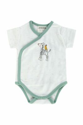 Jacky Baby Wickelbody mit Safari Motiv Zebra & Vogel in weiß grün meliert für Jungen & Mädchen – Voderansicht Kurzarmbody