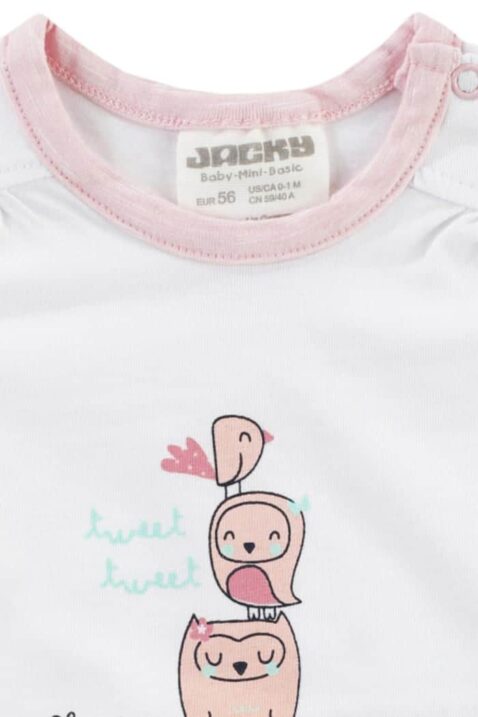 Baby Body kurzarm für Mädchen mit Vögel, Zierfalten & Rüschen in weiß Öko-Tex® Standard 100 von Jacky - Detailansicht Birds Tiermotiv & rosa Rippbündchen