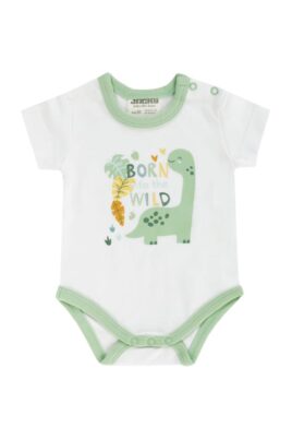 Jacky Baby Body kurzarm mit Dinos & Print BORN INTO THE WILD in weiß grün aus Öko-Tex® Standard 100 Baumwolle für Jungen – Voderansicht Sommerbody