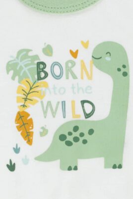 Weiß grüner Jungen Sommer kurzarm Babybody mit Dinosaurier & Print in Öko-Tex® Standard 100 Baumwolle von Jacky - Detailansicht Dino Tiermotiv
