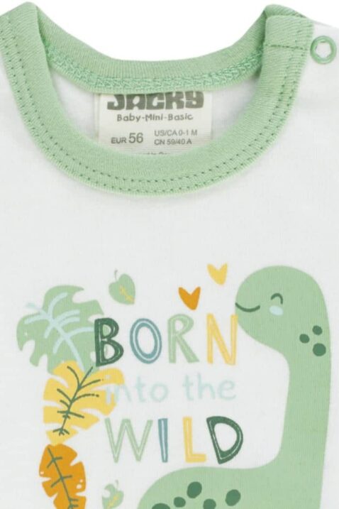 Sommer Baby Kurzarmbody mit Dinosaurier & Print BORN INTO THE WILD in weiß-hellgrün aus Öko-Tex® Standard 100 von Jacky - Detailansicht Dino Tiermotiv & Rippbündchen