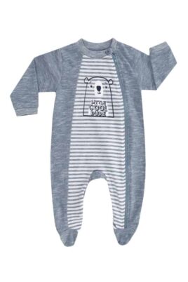 Jacky Kinder & Baby Schlafoverall mit Füßen im Bären Streifen Design, Reißverschluss aus Baumwollmischung in blau taubenblau melange – Vorderansicht Bear Einteiler Nachtwäsche