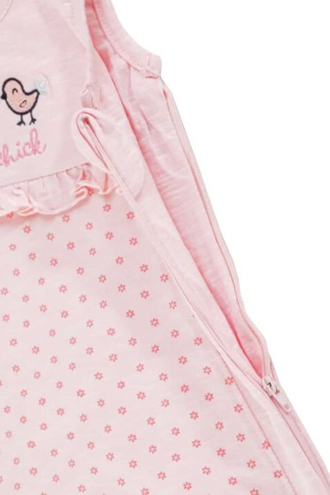 Baby Kinder Sommerschlafsack mit Druckknöpfe, Blumen, Rüschen, Vögel & little chick Print in Rosa OEKO-TEX für Mädchen von Jacky - Detailansicht Babyschlafsack seitlicher Reißverschluss